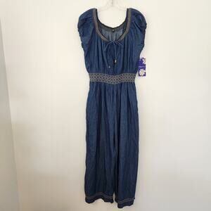 Women's Chambray Jumpsuit Women's 3X Blue Indigo Shirring Waist Boho Chic Grunge